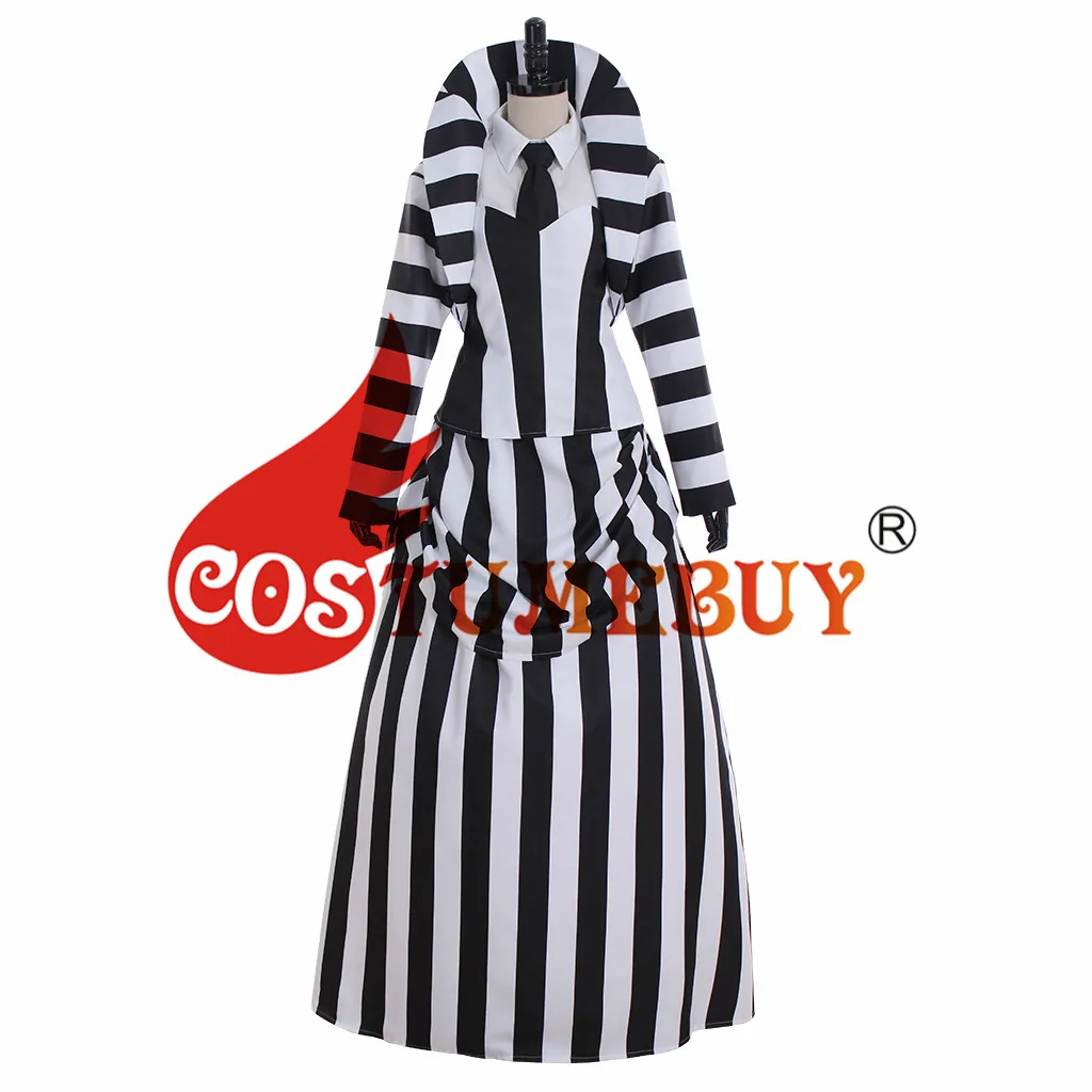 CostumeBuy фильм Beetlejuice косплей костюм Взрослый мужской Beetlejuice униот костюм женский средневековый черный белый в полоску платье L920 - Цвет: Female Suit