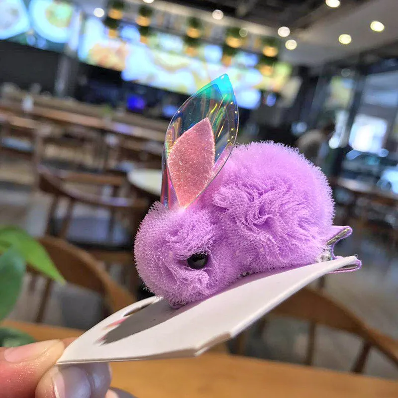 М мизм милый кролик пряжа заколки для волос для детей девочек Корейский стиль аксессуары для волос Kawaii мохнатый кролик стереоскопические заколки - Цвет: Hiarpins-Yarn-Purple