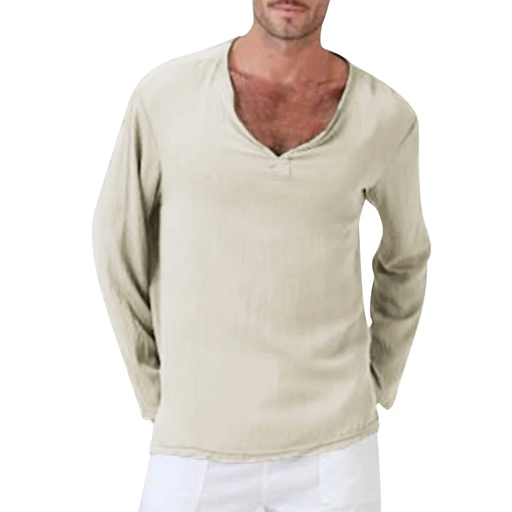 

Autumn 2018 Mens Summer T-Shirt Cotton Linen Thai Hippie Shirt V-Neck Beach Shirt Top Blouse Long Sleeve T Shirt W401