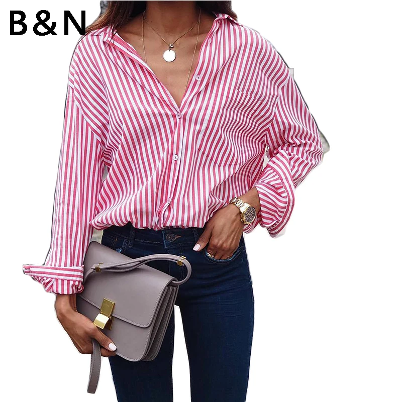 

2018 NEW Autumn Sexy casual loose vertical stripes long-sleeved shirt women's clothes swallow-tailed blouse plus size