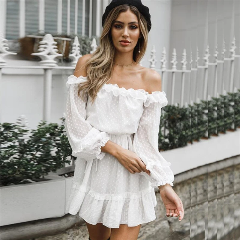 

2019 Newest Summer beach dress off shoulder long sleeve women sexy white chiffon beach wear stapless dress 2XL