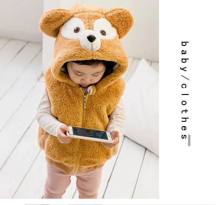 Детский осенне-зимний жилет, фланелевый жилет для маленьких мальчиков и девочек, детская утепленная куртка с капюшоном и мультяшным медведем, одежда