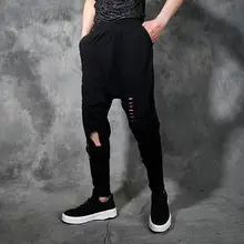 Личность отверстие штаны-шаровары мужчин обтягивающие штаны винтажные Ретро отделка выреза Ноги брюки мужские повседневные штаны с Мужской черный