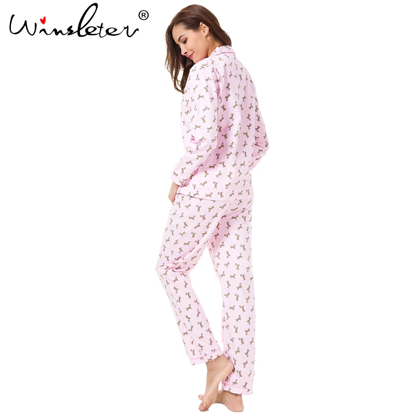 Розовые пижамные комплекты для женщин, Милый принт "Такса", комплект из 2 предметов, Топ с длинным рукавом, штаны с эластичной резинкой на талии, Хлопковая пижама S7N002