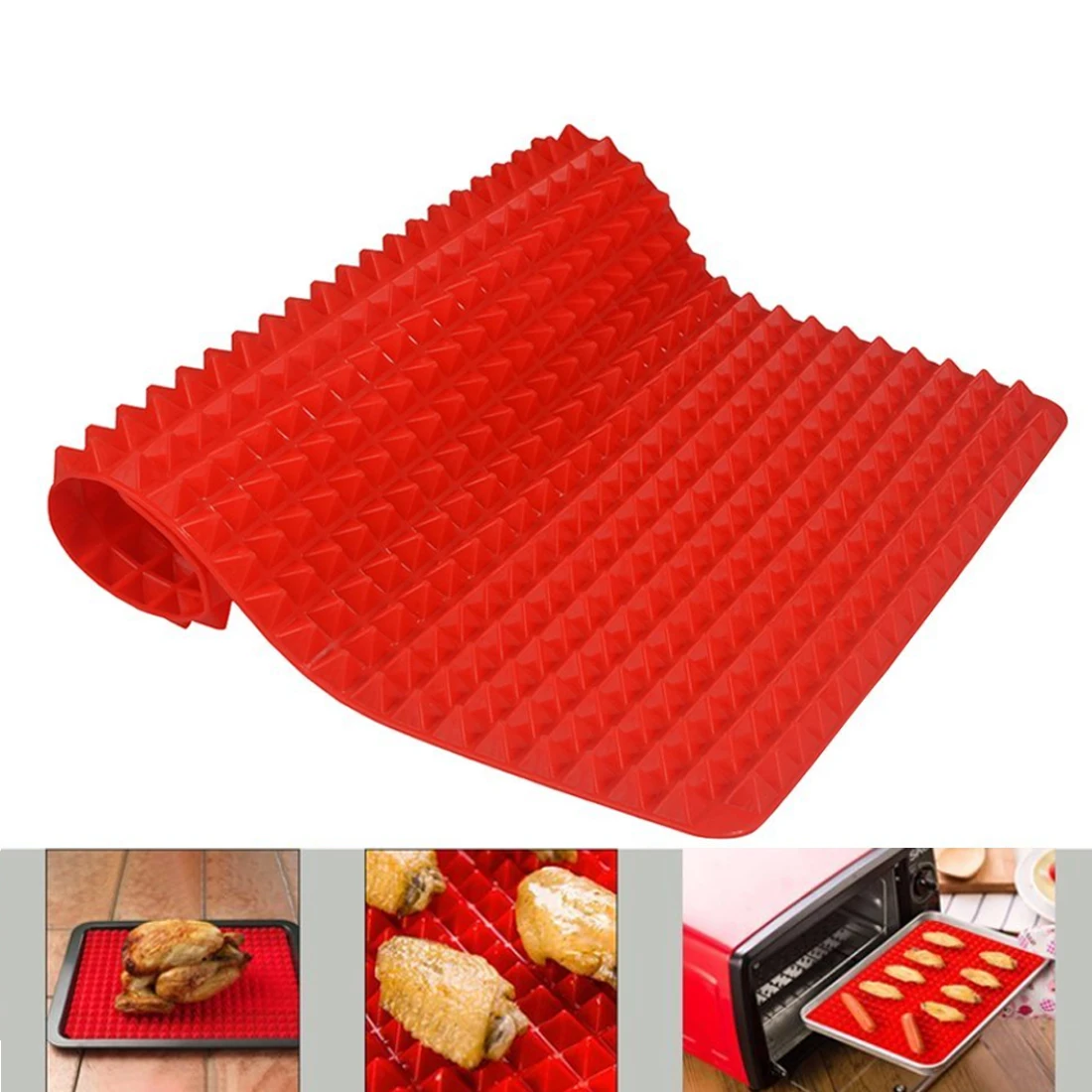 

Microwave Oven Roasting Mat Red Pyramid Pan Silicone Non Stick Reducing BBQ Mat Kitchen Baking Tray Cooking Pad