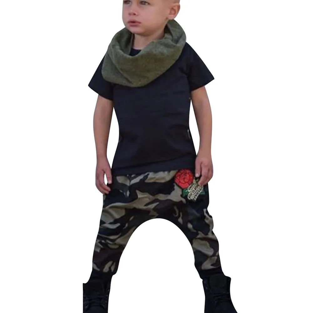 

boys Clothes Suit Children Summer Kid Infant Baby Letter Solid Tops Camouflage Flower Pants Outfits Clothes Set dropshipping