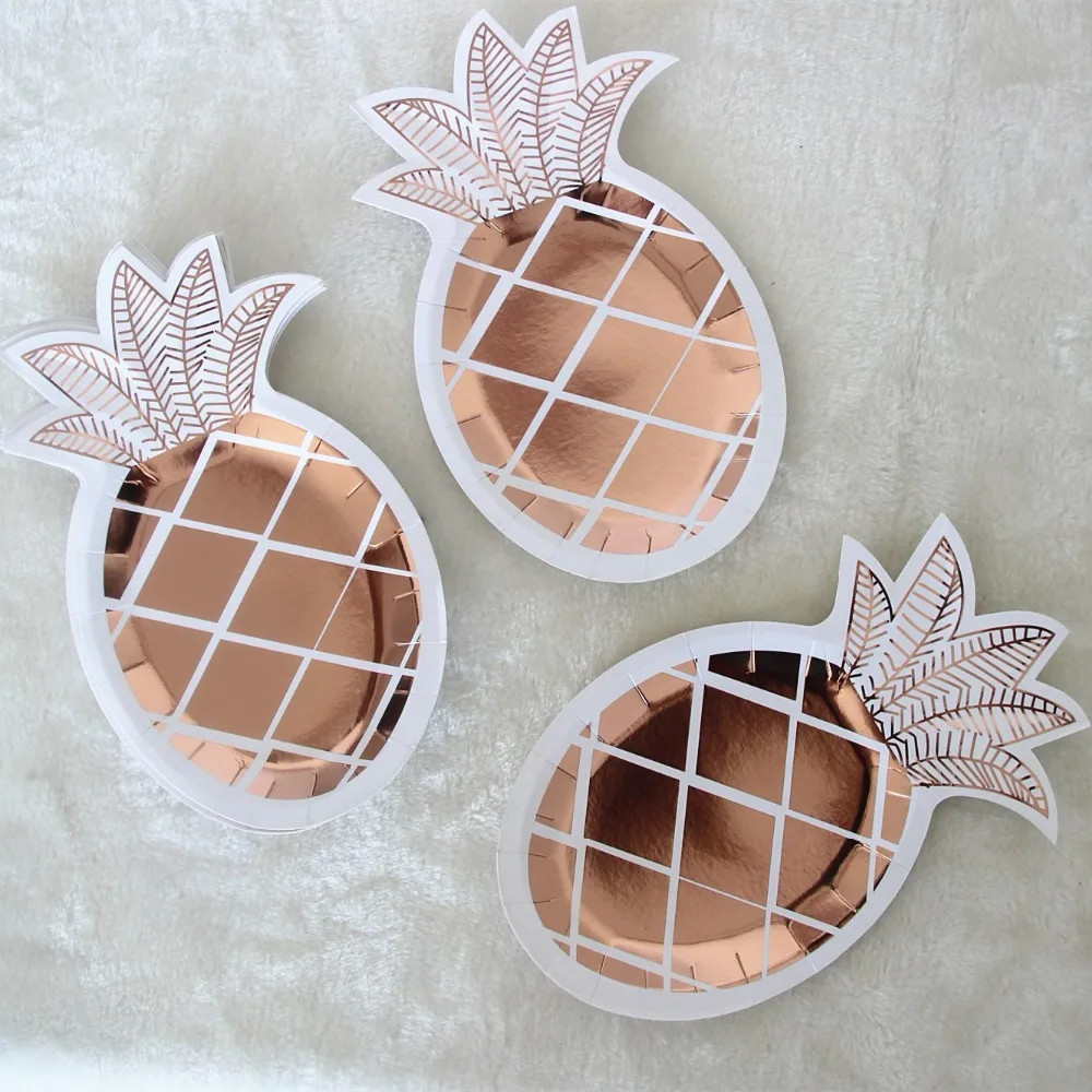 

8 Pcs Rose Gold Disposable Tableware Party Paper Plates Straws Pineapple Birthday Summer Party Supplies Wedding Decoration