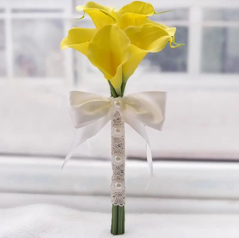 Красивый полиуретан на ощупь как настоящий искусственный 6-30 шт желтая белая Калла Лилия подружки невесты цветок девушка Keepsake палочка Свадебный букет невесты - Цвет: Yellow 6pcs
