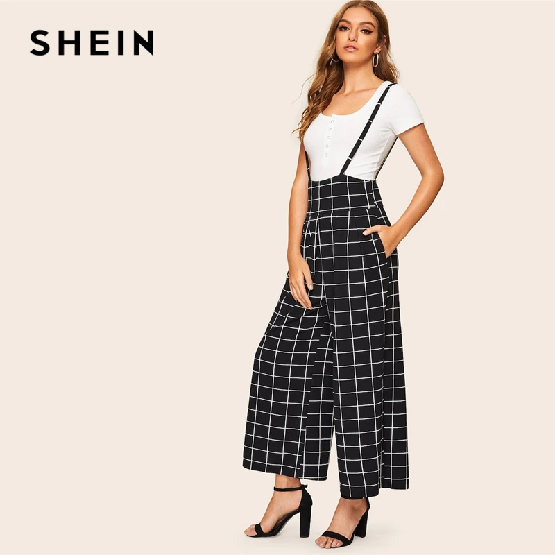 SHEIN Preppy Black High Waist Grid Wide Leg Plaid Loose Pants With