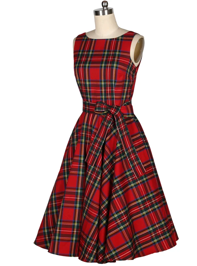 

Red Plaid Retro Vintage Dress Elegant Fashion Vintage Rockabilly 50s Dress Women Hepburn Summer O-neck 2019 Slim Midi Vestido -N