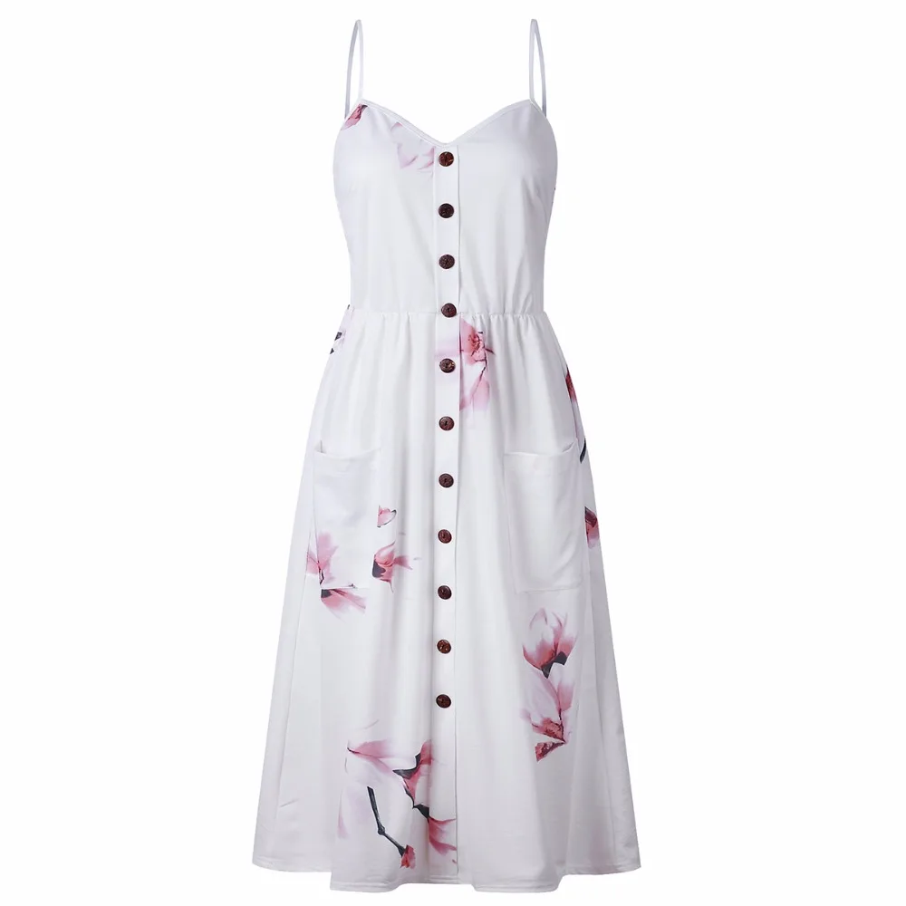 

Long Dresses Floral Summer Beach Dress Women 2018 Sexy Spaghetti Strap Backless Dress Button Side Pocket Printed Vestidos XXXL