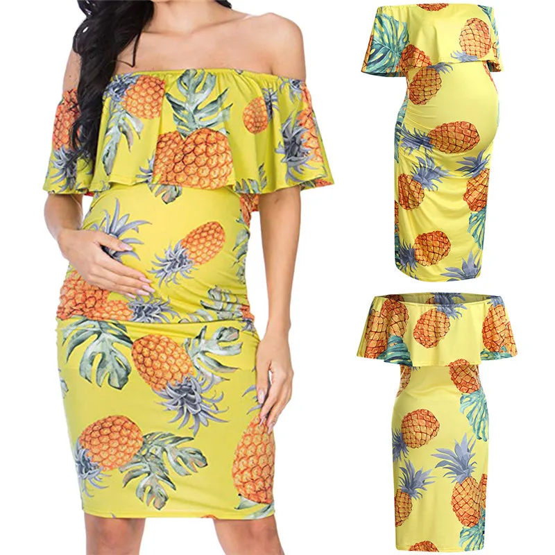 Maternity clothes summer 2019  new Women Maternity Summer Off Shoulder Pineapple Print Casual Pregnancy Dress (1)