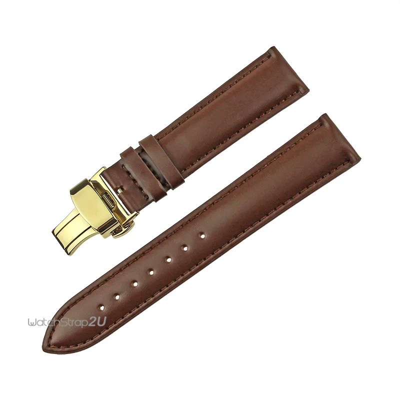 

Brown Smooth Leather Watch Band Wristwatch Strap Gold Deployment Push Buckle 18mm,20mm,22mm,24mm,26mm
