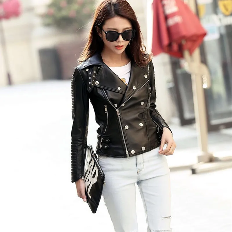 

100% Genuine Leather Sheepskin Jacket Women Punk Rock Real LeatherRivet Motorcycle Biker Female Coat Jaqueta chaqueta mujer