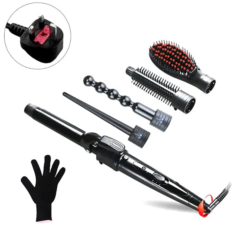 

5 in 1 Interchangeable Ceramic Hair Curler Iron Set Professional Curling Wand Straightening Brush Tourmaline Barrel Dual Voltage