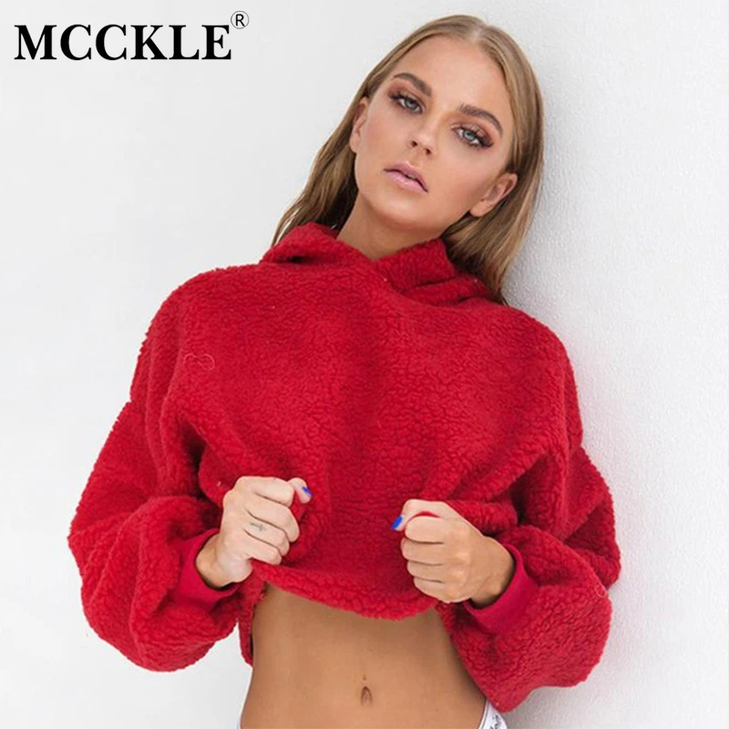 

MCCKLE Women's Hooded Short Crop Warm Sweaters 2018 Winter Autumn Female Fashion Pullover Tops Solid Long Sleeve Thick Jumpers