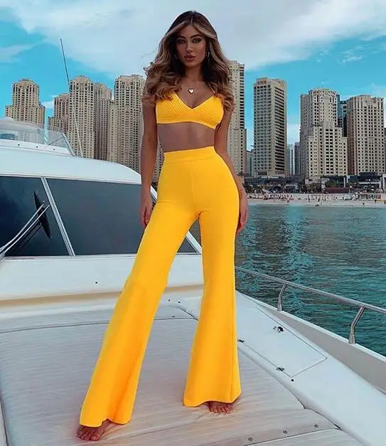 

Free Shipping Solid Nude Sexy V Neck Yellow Red 2 Piece Women Bandage Set 2019 Designer Women's Set
