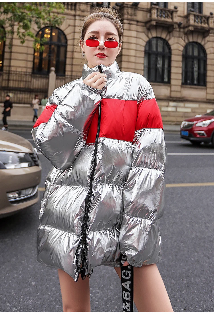 Модный большой зимний женский пуховик с металлической серебряной хлопковой подкладкой, Женская парка, Новое поступление, плотное теплое зимнее пальто