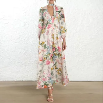 

New Women's Maxi Long Dresses Linen Bohemian Printed Floral Sexy V-neck Bow Lantern Sleeve Dress Female Button Vacation Clothing