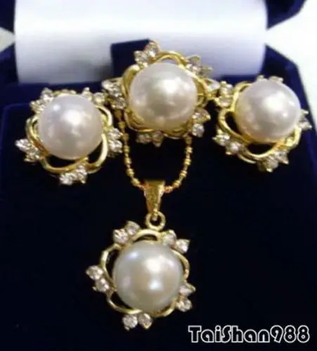 

White South Sea Shell Pearl 18KGP Crystal Pendant Necklace Earrings Ring Set AAA style Fine Noble real Natural free shipping