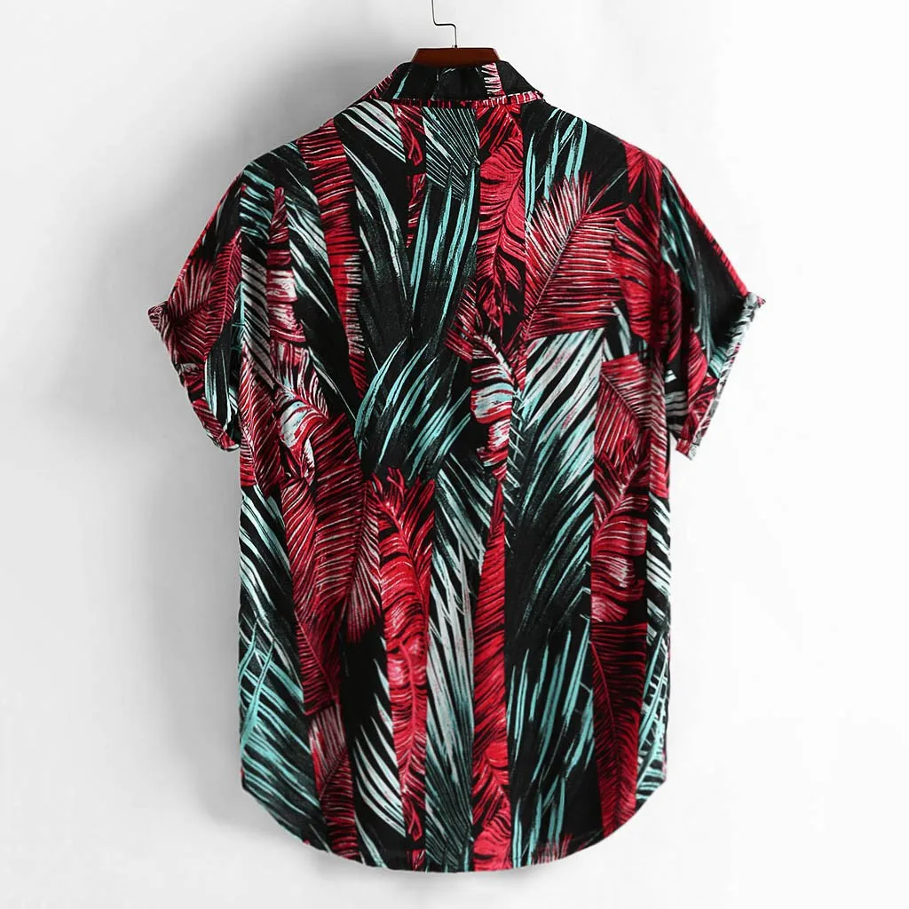 Fashsiualy Mens Printed Hawaiian Loose Beachwear Short Sleeve Casual Buttons Shirt camisa masculina