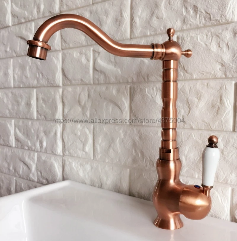 Bathroom Faucet Antique Red Copper Basin Faucet Deck Mounted Single Handle Single Hole Hot And Cold Water Tap Nnf408