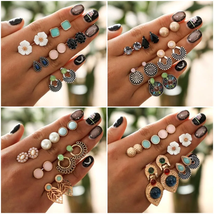 

High Quality 6 Pairs ZA Colorful Flower Rhinestone Leaf Stud Earrings Set for Women Carved Geometric Studs Earring Party Jewelry