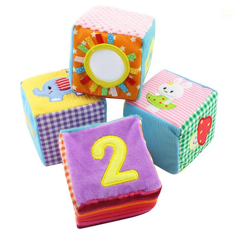 4PCS/SET Baby Rattles Toy Soft Cloth Cubes Square Bricks Building Block