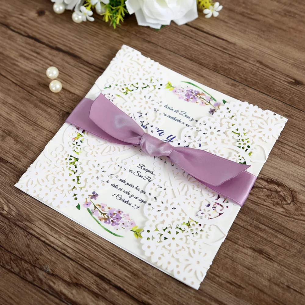 Квадратный Приглашения рождения открытки, Юбилей, на день рождения, Бальные, пурпурные юбки с бантом и вырезами; 100 шт, W0003