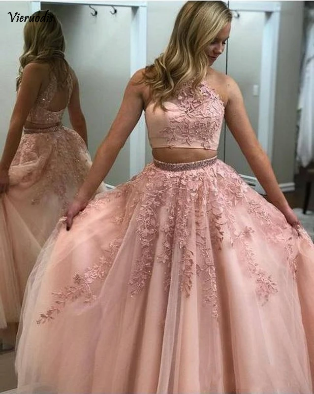 4-1             Real Photo Lace Appliqued Two Piece Prom Dresses Long Cheap Halter Ball Gowns Formal Party Dress vestido largo fiesta