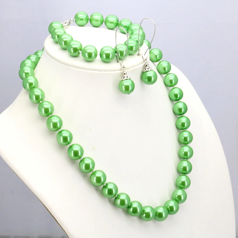 

New Green glass pearl necklace set necklace 12mm 18"bracelet 7.5" earring women beautiful jewelry making design