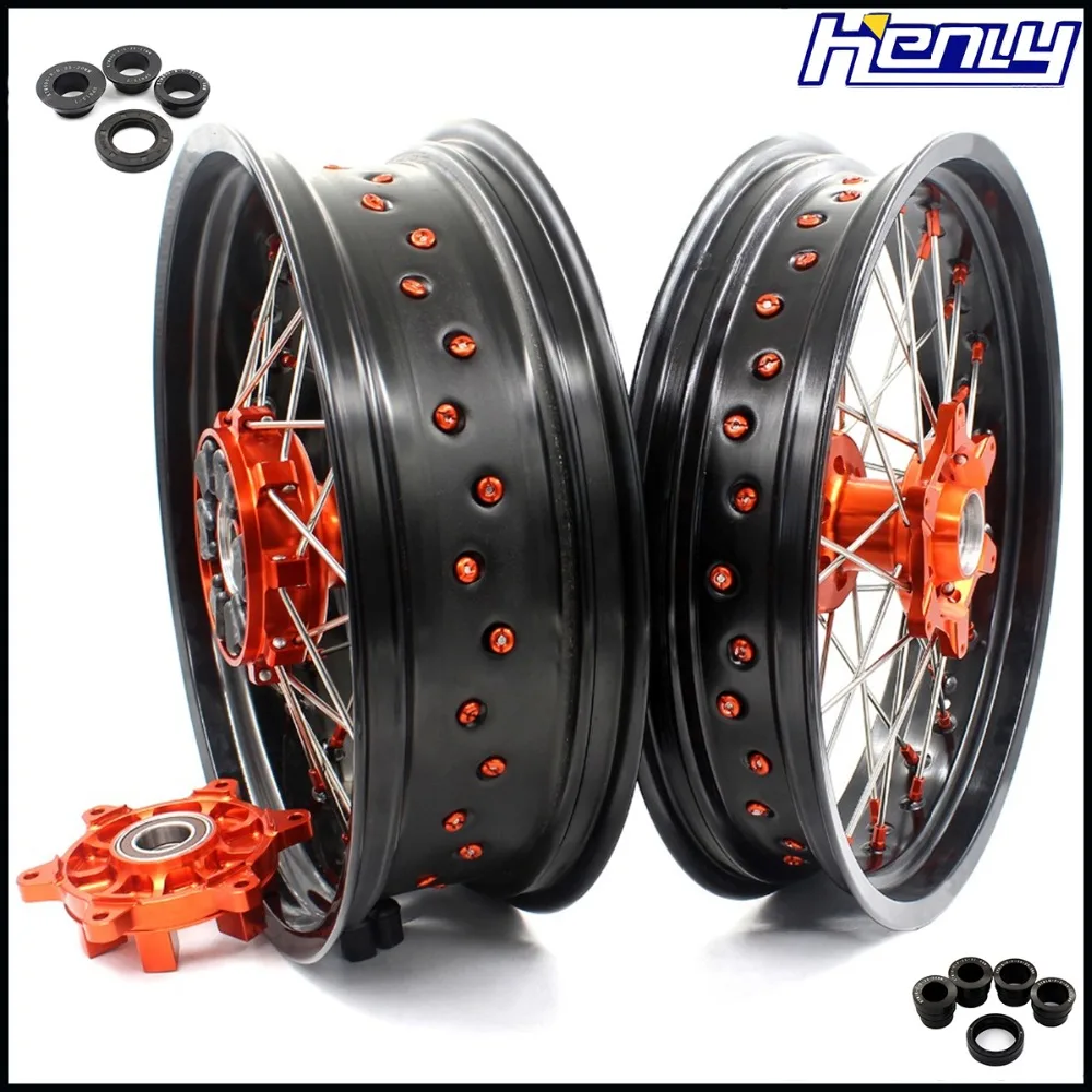 

3.5/4.25 Complete Supermoto Cush Drive Wheels Rims Set for KTM 690 ENDURO R 2008-2017 SMC 2008-2011 Orange Nipple