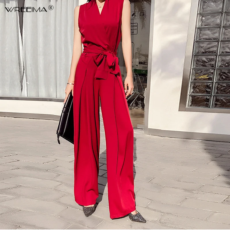 

wreeima Sleeveless Red elegant Lace Up Jumpsuits Women Summer Loose office Wide Leg Pants High Waist Length Trousers