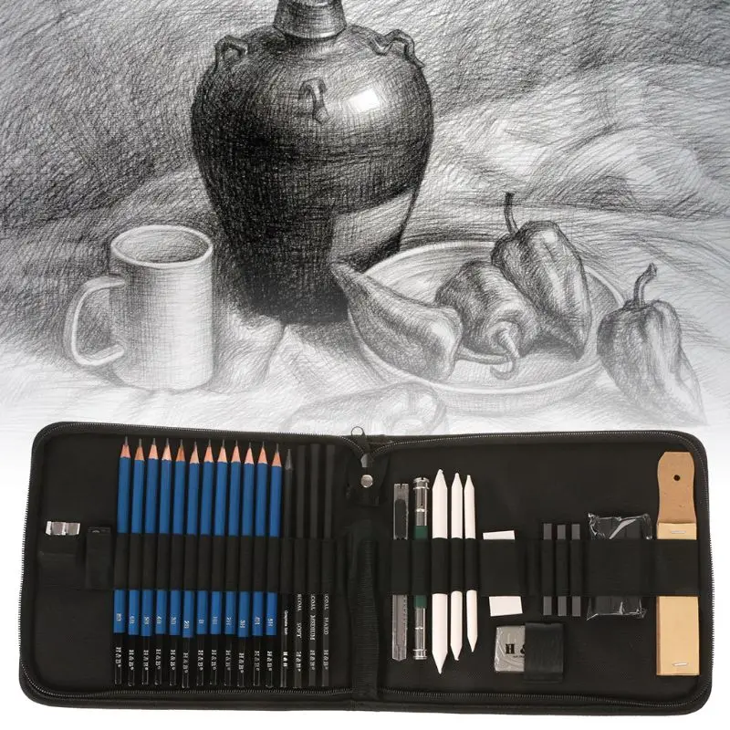 32Pcs Professional Drawing Artist Kit Pencils Sketch Charcoal Art Craft With Car 3
