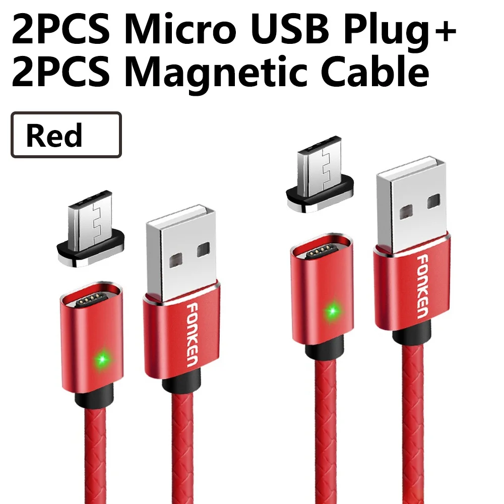 FONKEN Micro USB кабель Магнитный кабель для быстрой зарядки Max 2.4A светодиодный кабель для зарядки и синхронизации данных мини USB Магнитный кабель для мобильного телефона - Цвет: 2 Plug 2 red cord