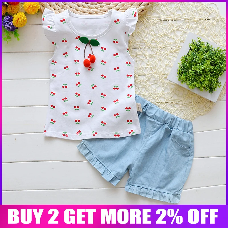 

BibiCola Summer Baby Girls Clothing Sets Toddler Kids Cute Sport Suits Tracksuits Girls Cherry Tops + Pants 2pcs Clothes Set