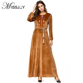 

MISSJOY Turkish Plus size kaftan dresses Autumn Winter Long Sleeve Embroidery Flower Casual Muslim Turkey Velvet Long Maxi dress