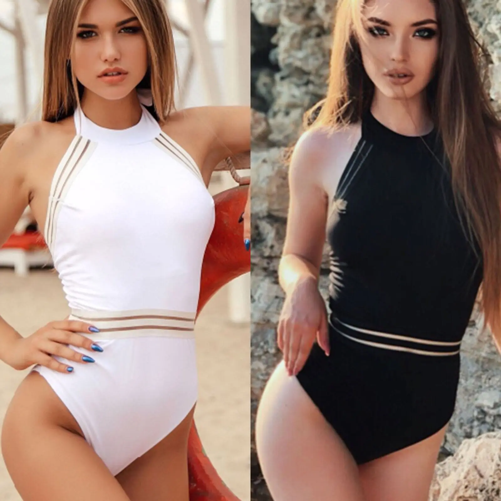 Women Skinny Sleeveless Bodysuits Sexy Halter Push Up One Piece Backless Solid Summer Ladies