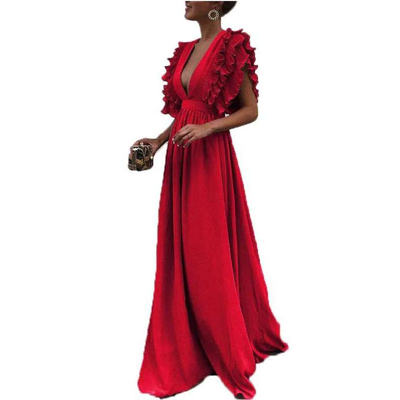 Модное женское летнее платье без рукавов с оборками, высокая талия, глубокий v-образный вырез, сексуальное длинное платье макси, праздничное платье для девушек