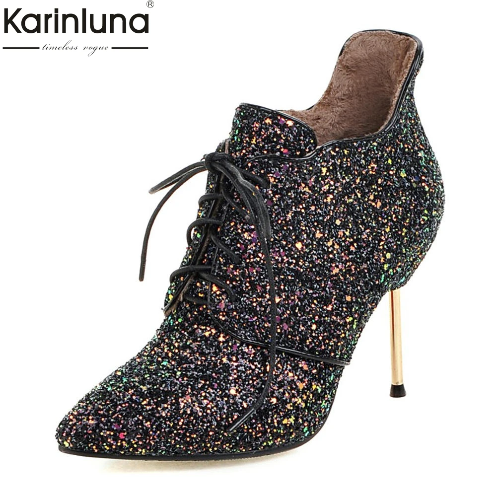 

KARINLUNA 2018 Large Size 32-43 Sexy Thin High Heels Winter Boots Woman Shoes Lace Up On Sale Ankle Boots Female Shoes Women