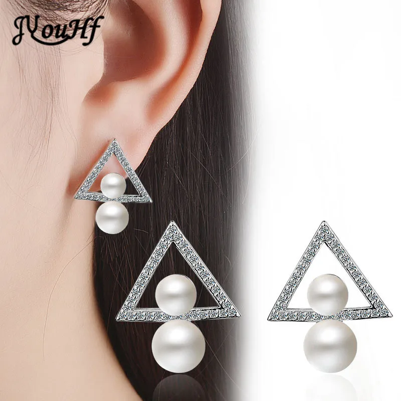 

JYouHF 925 Sterling Silver Earrings Double White 6mm/8mm Pearl Triangle Earrings for Women Sterling-Silver-Jewelry Party Gifts