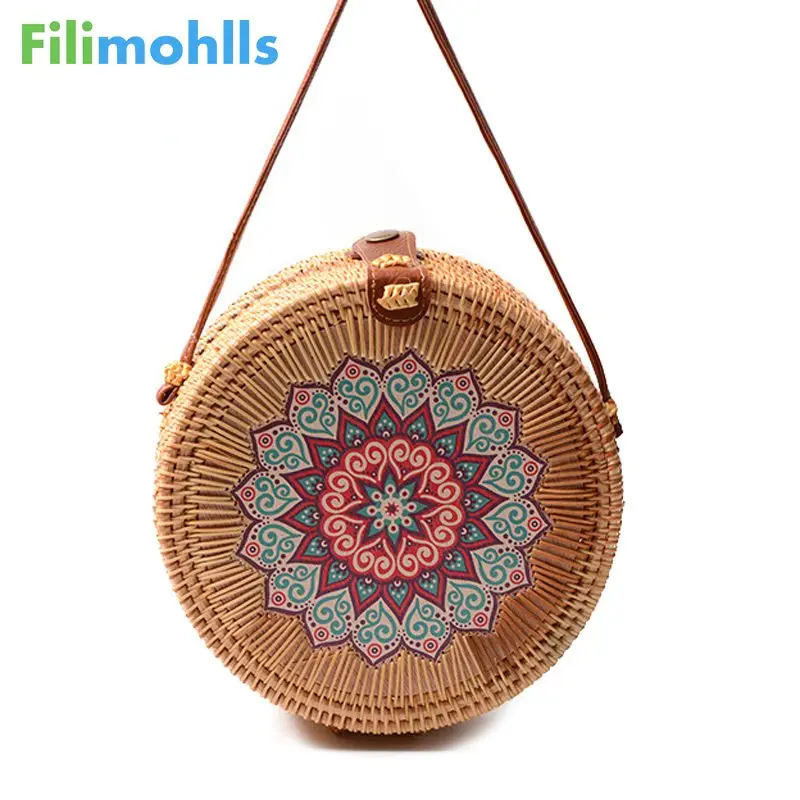 

2019 Flower Round Straw Bags Women Summer Rattan Bag Handmade Woven Beach Cross Body Bag Circle Bohemia Handbag Bali Box S18502