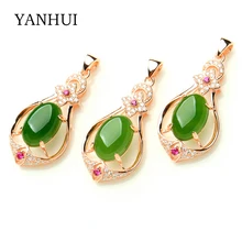 YANHUI Original Luxury Women Natural Green Crystal Stone Pendant Necklace Rose Gold Color Red CZ Pendant