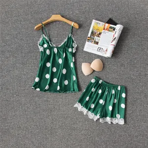 Image 3 - Daeyard Silk Pajamas for Women Sexy Lingerie Cami And Shorts With Lace Trim Pyjama Femme Polka Dot Pijama Sleepwear Home Clothes