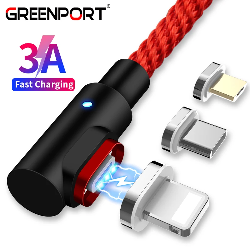 

GREENPORT 90 Degree Magnetic Cable Micro USB Cable 3A Fast Charger Usb-C Data Cord For iphone Samsung Mobile Phone Charger Adapt