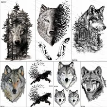 OMMGO negro Lobo bosque Tribal tatuajes de plumas etiqueta temporal árbol animal feroz tatuaje falso para arte corporal para hombres tatuajes personalizados