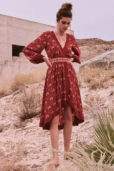 

2018 Women's Retro Holiday Style Irregular Dress Printing Ethnic Long Dress Lantern Sleeve Rayon Red Dresses Boho Vacation Dress