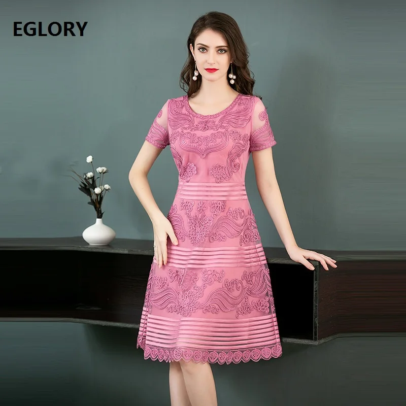 

Formal Party Elegant Dress New 2019 Spring Summer Party Brides Mother Women O-Neck Allover Appliques Embroidery Dress Big Size
