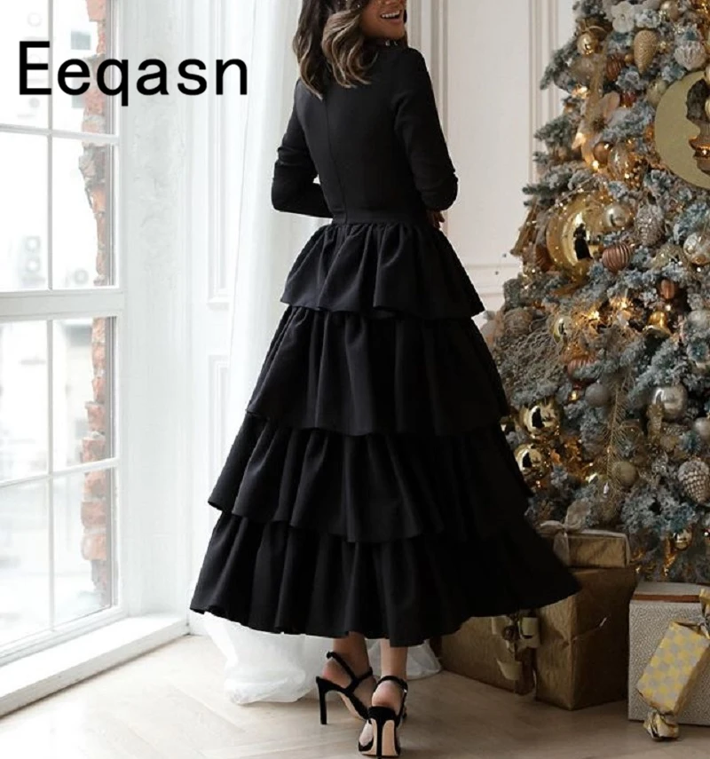 New Tea Length Prom Dresses Long Sleeves A-line Black Soft Satin Tiered Party Dress Real Image Vestido Robe De Soiree