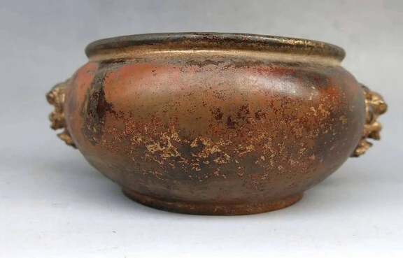 

bi003142 Old pure bronze gild censer carved tiger China buddhism Incense Burner Statue
